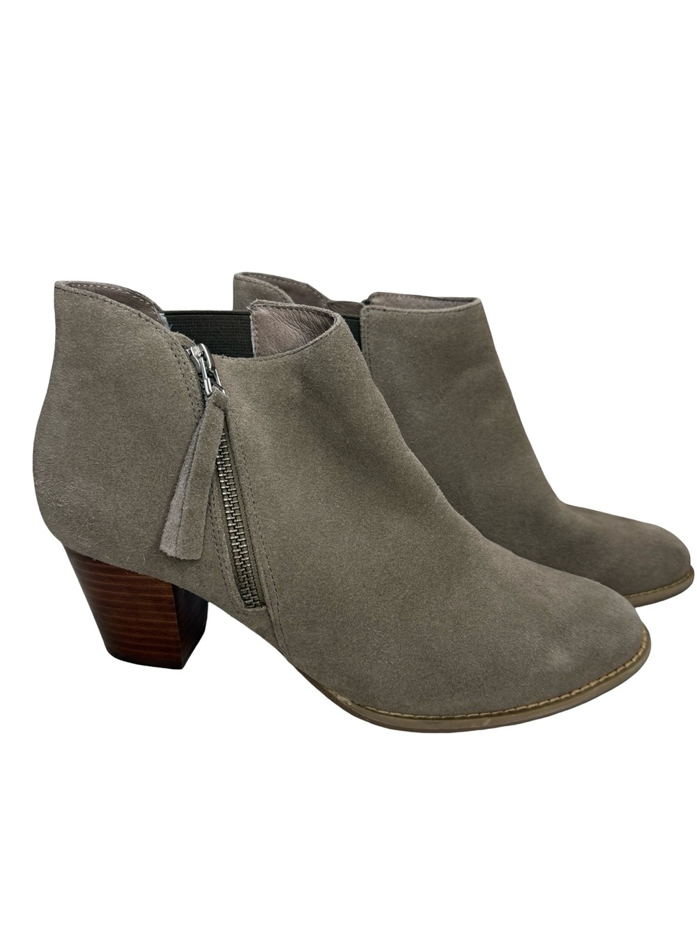 Vionic Sterling Greige Gray Suede Stacked Heel Bootie Sz 9
